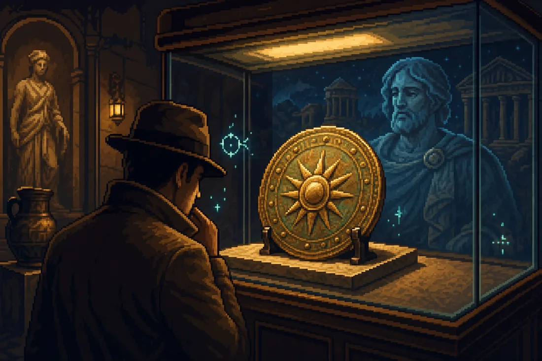 Detective inspecting a Sun Disk artifact with a ghostly witness reflected in glass