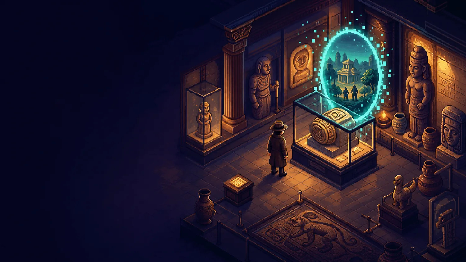 Pixel art museum room with a detective, an artifact display, and a cyan portal into the past