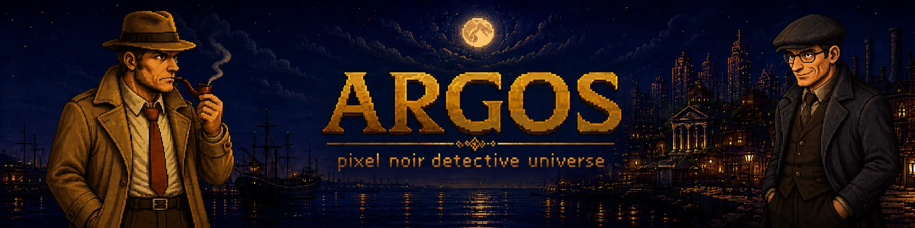 ARGOS pixel art museum detective scene with a portal into the past