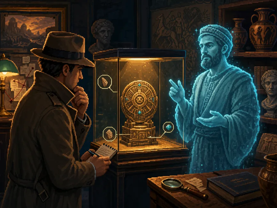Detective questioning a holographic historical witness in a museum